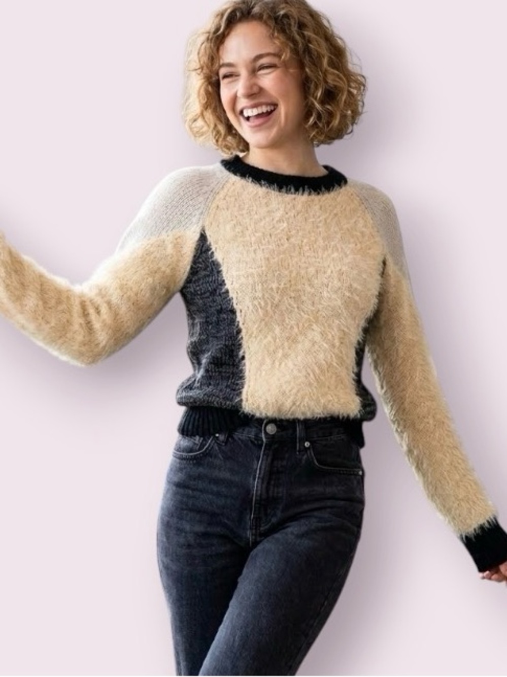 1. State Colorblock Fuzzy Eyelash Knit Pullover Sweater Cream Gray Black Medium